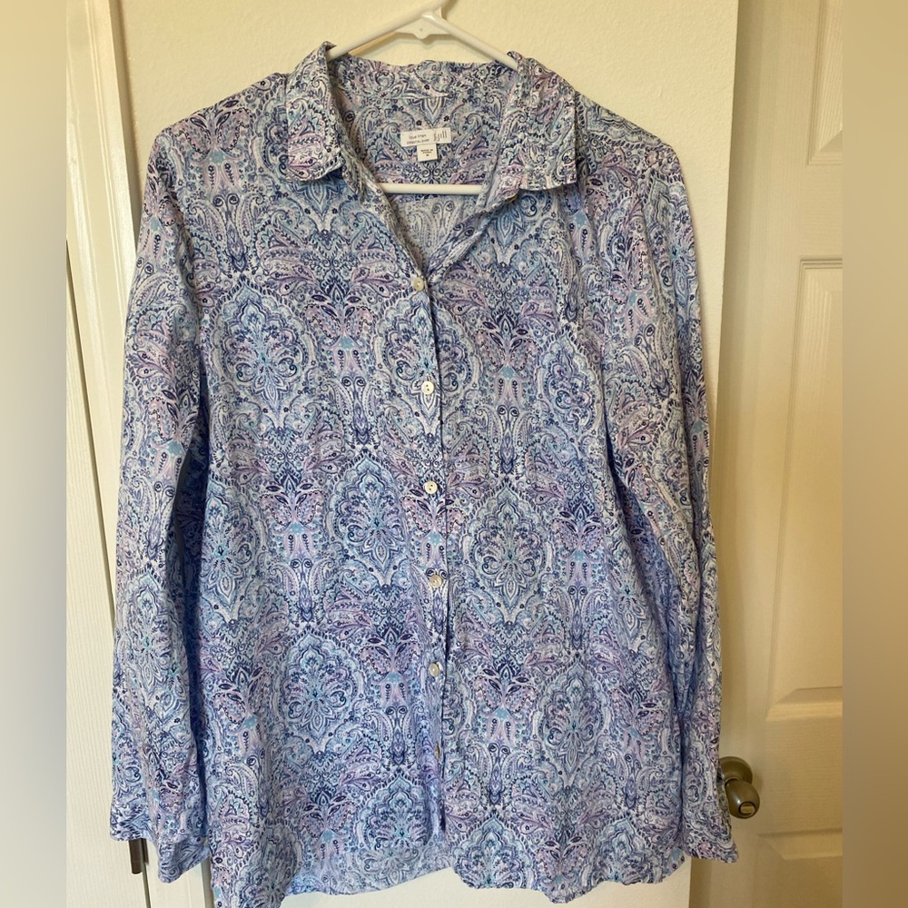 J Jill Love Linen Women’s Shirt Blouse Long Sleeve Purple Paisley Button Sz M